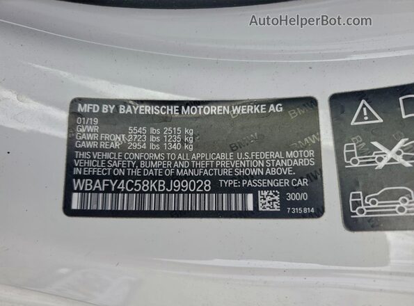 WBAFY4C58KBJ99028 2019 BMW M8 Белый Вид наклейки с VIN-кодом