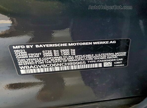 WBAGV8C06NCH89965 2022 BMW M8 Черный Вид наклейки с VIN-кодом