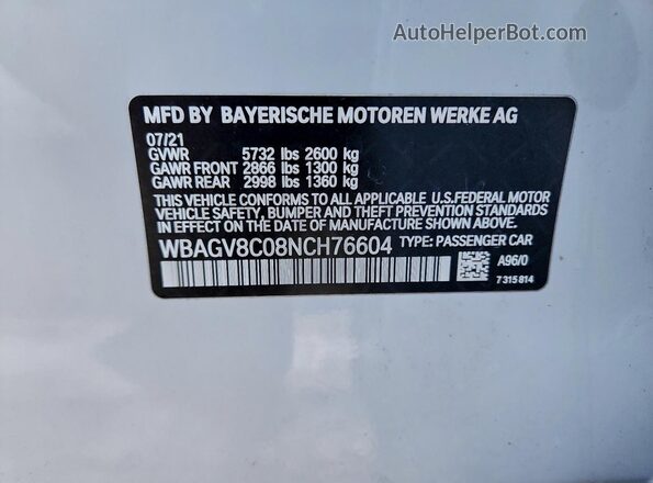 WBAGV8C08NCH76604 2022 BMW M8 Белый Вид наклейки с VIN-кодом