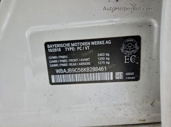 WBAJB9C56KB288461 2019 BMW M5 White VIN sticker view