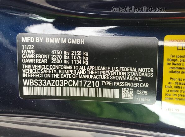 WBS33AZ03PCM17210 2023 BMW M4 Синий Вид наклейки с VIN-кодом