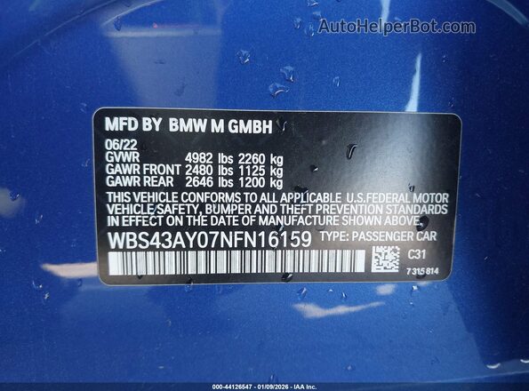 WBS43AY07NFN16159 2022 BMW M3 Blue Widok komory silnika