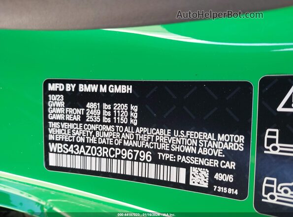 WBS43AZ03RCP96796 2024 BMW M4 Зеленый Вид подкапотного пространства