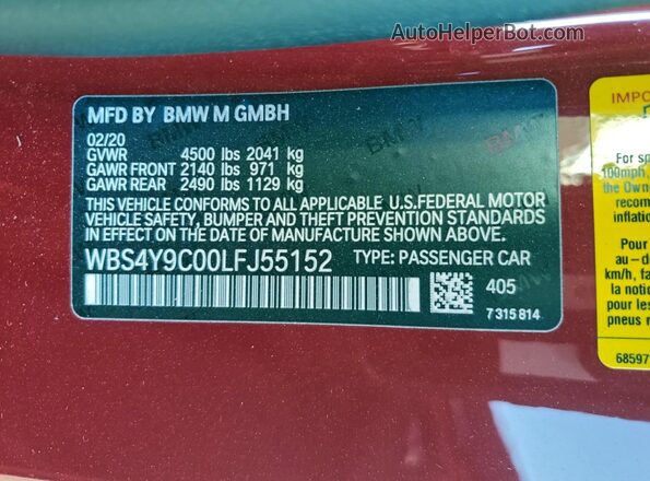 WBS4Y9C00LFJ55152 2020 BMW M4 Red Widok naklejki z numerem VIN
