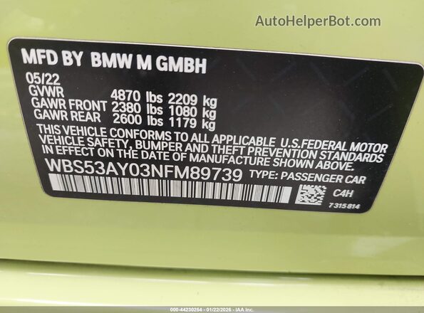 WBS53AY03NFM89739 2022 BMW M3 Желтый Вид подкапотного пространства