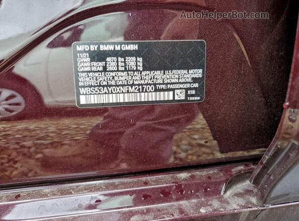 WBS53AY0XNFM21700 2022 BMW M3 Purple Vista de la etiqueta del VIN