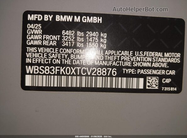 WBS83FK0XTCV28876 2026 BMW M5 Gray Vista del compartimento del motor