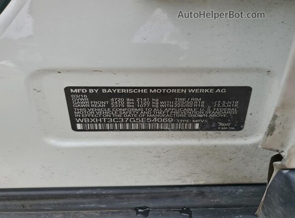 WBXHT3C37G5E54069 2016 BMW X1 White Вид наклейки з VIN-кодом