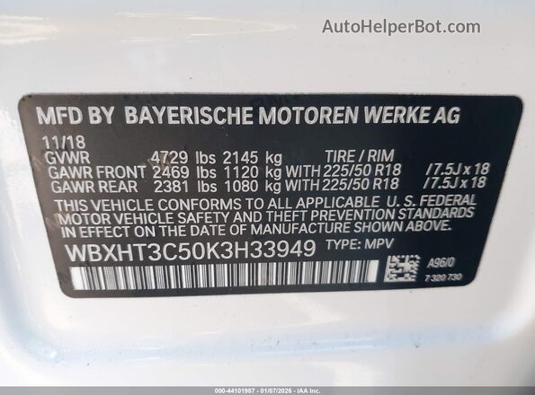 WBXHT3C50K3H33949 2019 BMW X1 White Вид підкапотного простору