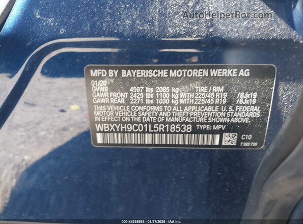 WBXYH9C01L5R18538 2020 BMW X2 Blue Engine compartment view