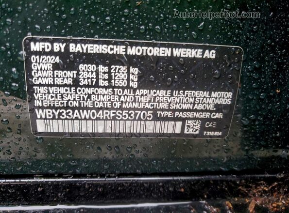 WBY33AW04RFS53705 2024 BMW I4 Green VIN sticker view