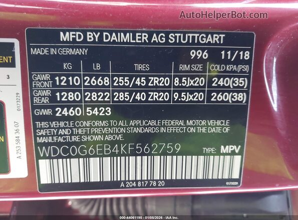WDC0G6EB4KF562759 2019 MERCEDES-BENZ AMG GLC 43 Красный Вид подкапотного пространства
