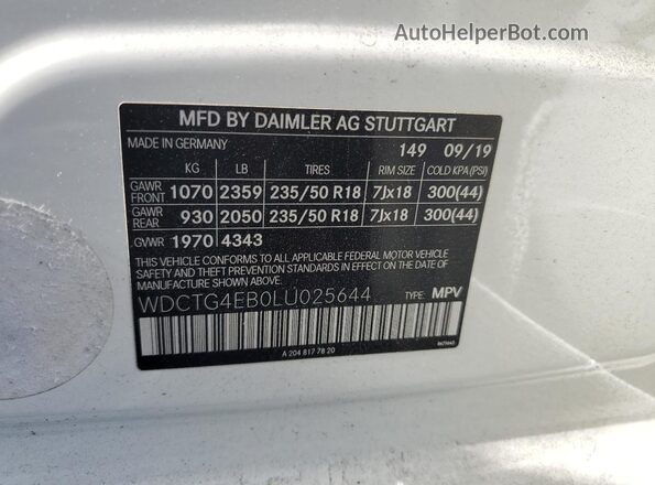 WDCTG4EB0LU025644 2020 MERCEDES-BENZ GLA White VIN კოდის სტიკერის ხედი