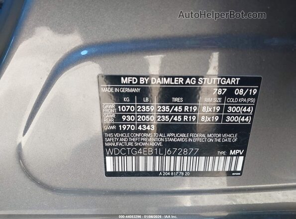 WDCTG4EB1LJ672877 2020 MERCEDES-BENZ GLA 250 Gray Вид підкапотного простору