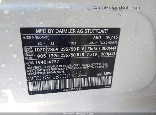 WDCTG4EB2GJ193244 2016 MERCEDES-BENZ GLA 250 White Вид підкапотного простору