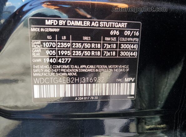 WDCTG4EB2HJ316932 2017 MERCEDES-BENZ GLA Black VIN კოდის სტიკერის ხედი