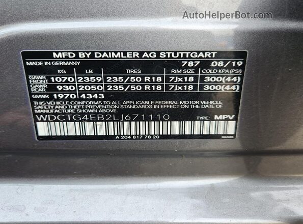 WDCTG4EB2LJ671110 2020 MERCEDES-BENZ GLA Gray Вид підкапотного простору