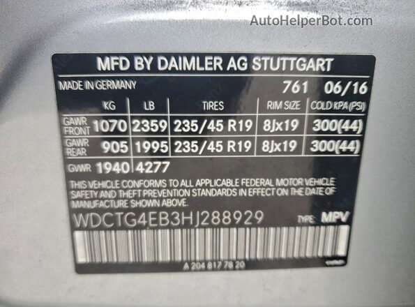 WDCTG4EB3HJ288929 2017 MERCEDES-BENZ GLA White VIN կոդի պիտակի տեսք