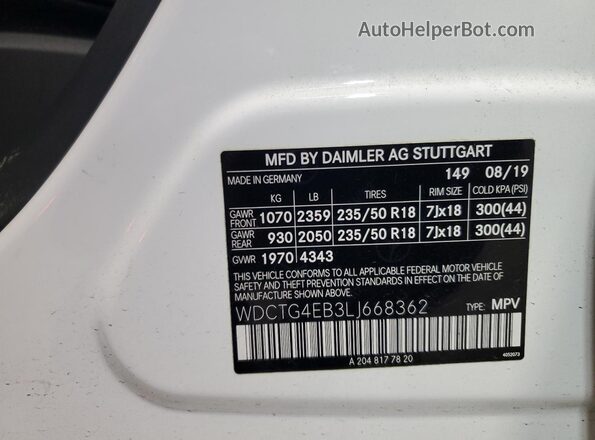 WDCTG4EB3LJ668362 2020 MERCEDES-BENZ GLA White Вид наклейки з VIN-кодом