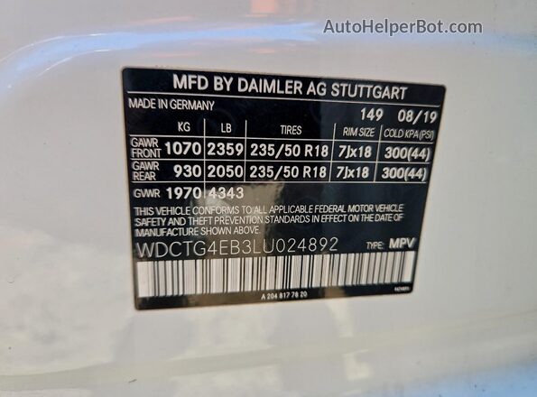 WDCTG4EB3LU024892 2020 MERCEDES-BENZ GLA White VIN կոդի պիտակի տեսք