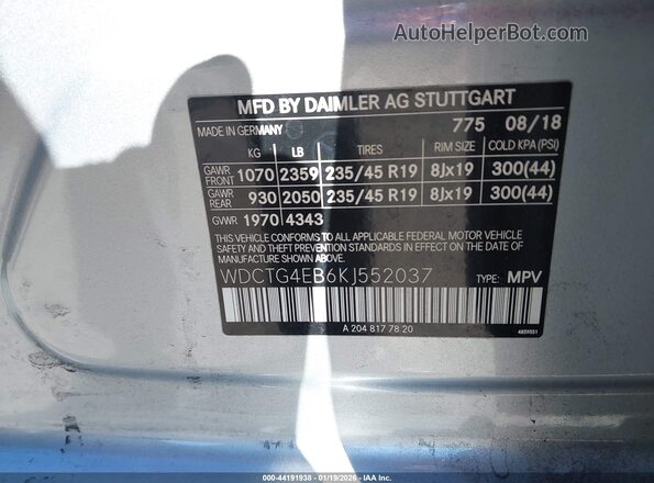 WDCTG4EB6KJ552037 2019 MERCEDES-BENZ GLA 250 Silver Vista del compartimento del motor