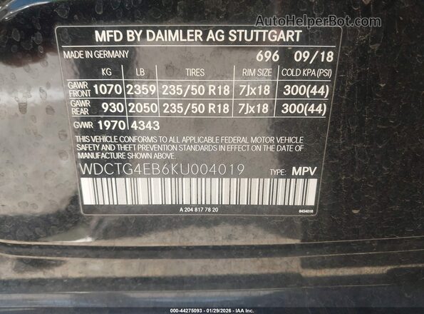 WDCTG4EB6KU004019 2019 MERCEDES-BENZ GLA 250 Black Շարժիչի բաժամունքի տեսք