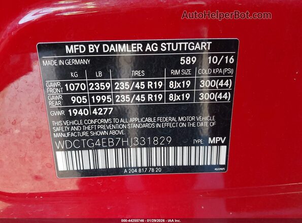WDCTG4EB7HJ331829 2017 MERCEDES-BENZ GLA 250 Red Widok komory silnika