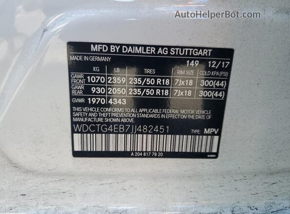 WDCTG4EB7JJ482451 2018 MERCEDES-BENZ GLA White Widok naklejki z numerem VIN