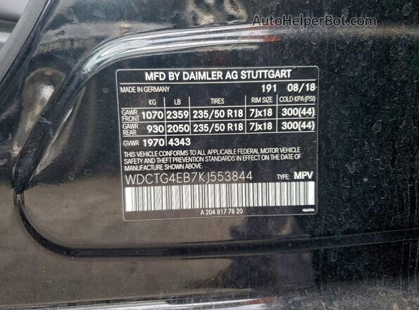 WDCTG4EB7KJ553844 2019 MERCEDES-BENZ GLA Black VIN կոդի պիտակի տեսք