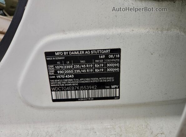 WDCTG4EB7KJ553942 2019 MERCEDES-BENZ GLA White Вид наклейки з VIN-кодом
