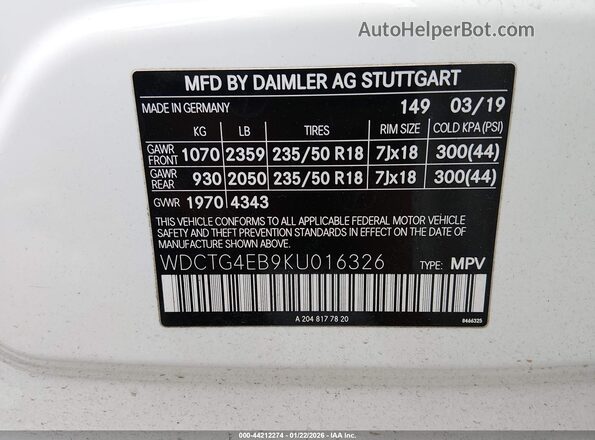 WDCTG4EB9KU016326 2019 MERCEDES-BENZ GLA 250 White Вид підкапотного простору