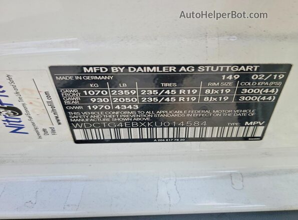 WDCTG4EBXKU014584 2019 MERCEDES-BENZ GLA Белый Вид наклейки с VIN-кодом