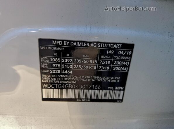 WDCTG4GB0KU017166 2019 MERCEDES-BENZ GLA Белый Вид наклейки с VIN-кодом