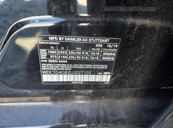 WDCTG4GB2LU027103 2020 MERCEDES-BENZ GLA Black VIN կոդի պիտակի տեսք