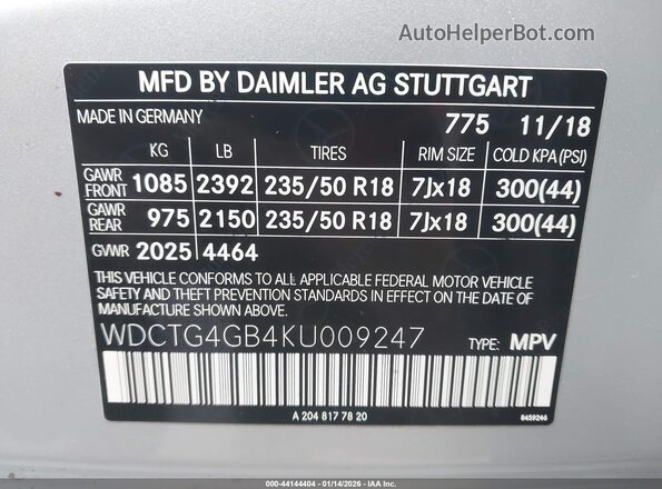 WDCTG4GB4KU009247 2019 MERCEDES-BENZ GLA 250 Белый Вид подкапотного пространства