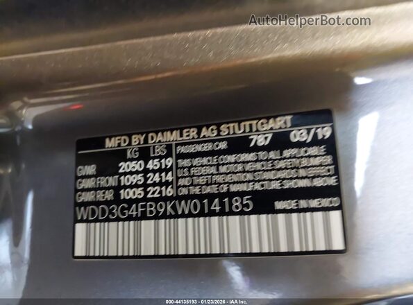 WDD3G4FB9KW014185 2019 MERCEDES-BENZ A 220 Серый Вид наклейки с VIN-кодом
