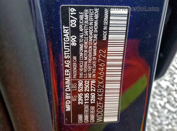 WDDZF4KB2KA646722 2019 MERCEDES-BENZ E Синий Вид наклейки с VIN-кодом