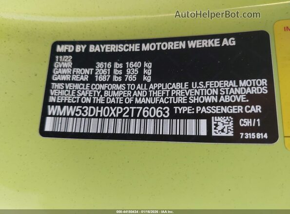 WMW53DH0XP2T76063 2023 MINI HARDTOP Green Widok komory silnika