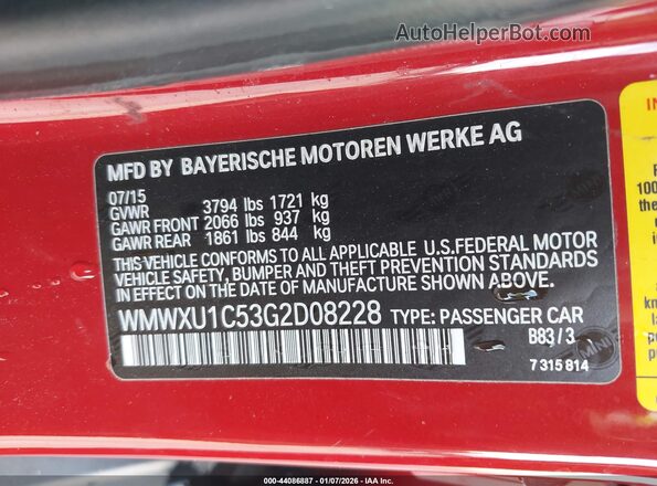 WMWXU1C53G2D08228 2016 MINI HARDTOP Red Вид підкапотного простору