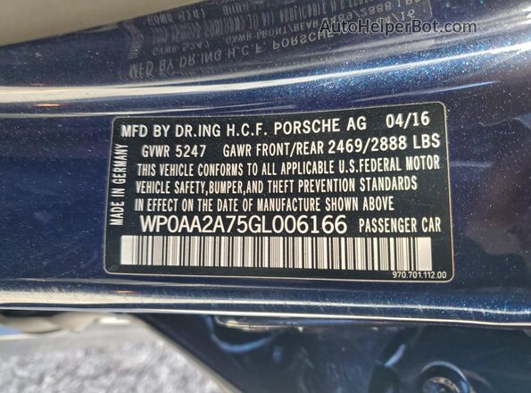WP0AA2A75GL006166 2016 PORSCHE PANAMERA Blue Widok komory silnika