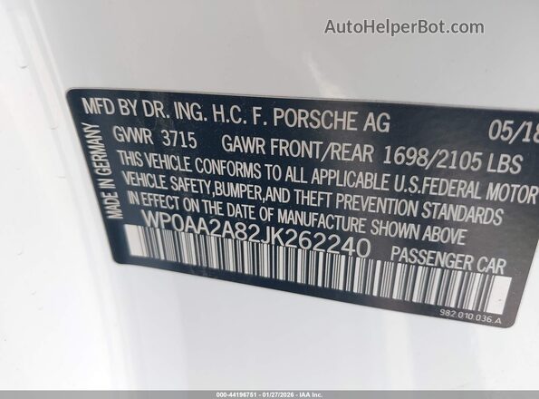 WP0AA2A82JK262240 2018 PORSCHE 718 CAYMAN Белый Вид подкапотного пространства