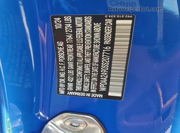WP0AA2A90SS207716 2025 PORSCHE 911 Синий Вид наклейки с VIN-кодом