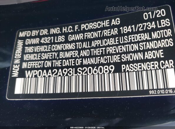 WP0AA2A93LS206089 2020 PORSCHE 911 Black Vista del compartimento del motor