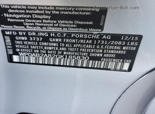WP0AB2A82GK185830 2016 PORSCHE CAYMAN Серебряный Вид подкапотного пространства
