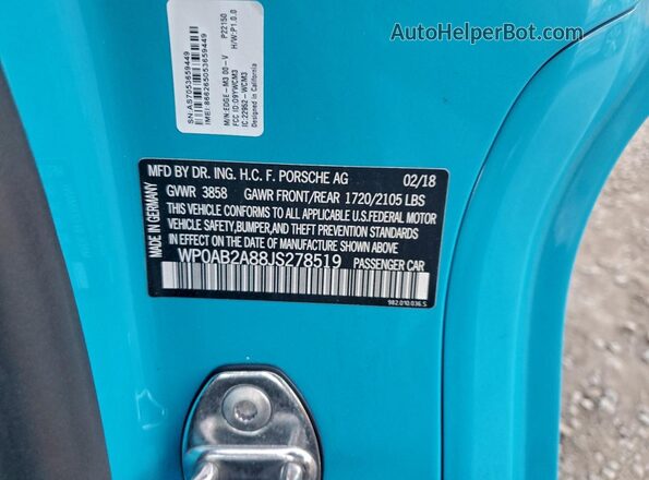 WP0AB2A88JS278519 2018 PORSCHE CAYMAN Blue Вид підкапотного простору