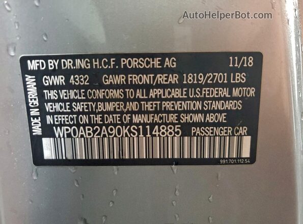 WP0AB2A90KS114885 2019 PORSCHE 911 Silver VIN კოდის სტიკერის ხედი