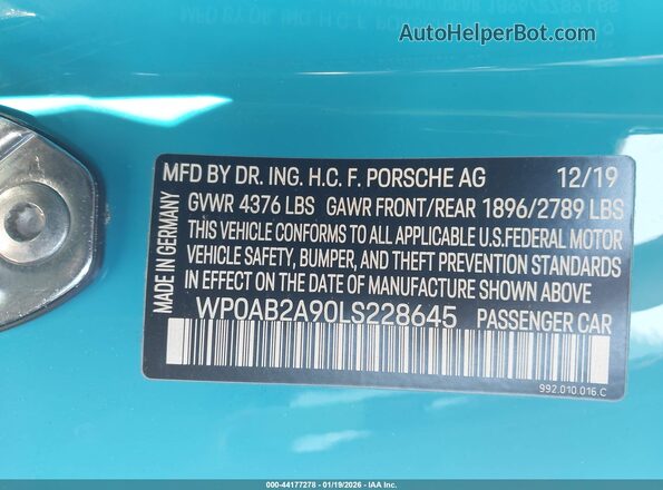 WP0AB2A90LS228645 2020 PORSCHE 911 Синий Вид подкапотного пространства