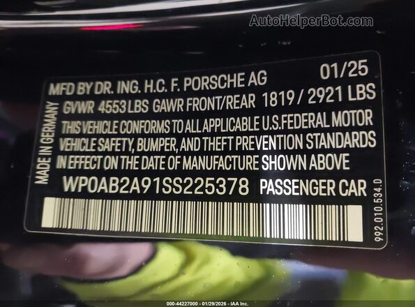 WP0AB2A91SS225378 2025 PORSCHE 911 Black Вид підкапотного простору