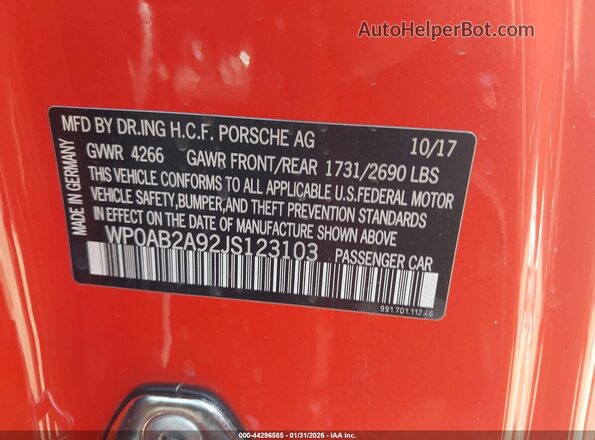 WP0AB2A92JS123103 2018 PORSCHE 911 Orange Engine compartment view