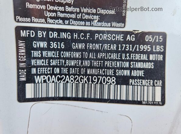 WP0AC2A82GK197098 2016 PORSCHE CAYMAN Белый Вид подкапотного пространства